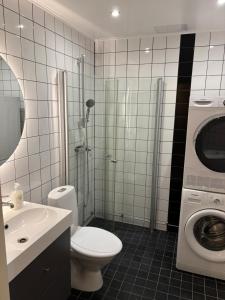 a bathroom with a toilet sink and a washing machine at Lomma Station Inn in Lomma +39 photos