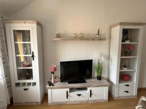 a living room with a tv on a cabinet at Lindenstraße in Aue-Bad Schlema