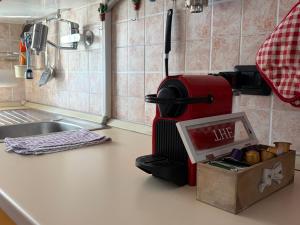 a kitchen counter top with a sink and a red suitcase at Casa dei Gufi in Cella +27 photos