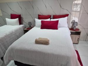 a bedroom with two beds with red and white pillows at Sweetwaters Guest House in Estcourt
