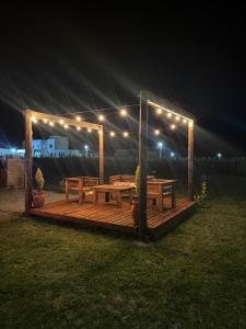a wooden gazebo with a picnic table and lights at Cabañas - Raíces de la Sierra in Balcarce