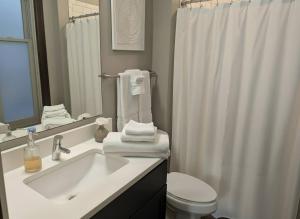a bathroom with a sink and a toilet and a shower at Modern Downtown Loft Walk to Convention Center in Richmond