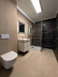a bathroom with a toilet and a sink and a shower at Baltic Waves Ex LAZUR in Gąski +35 photos