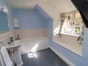 a bathroom with blue walls and a sink and a window at Plush Cottage in Dorchester +17 photos
