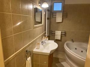 a bathroom with a sink and a toilet and a tub at Johanna Apartman in Harkány