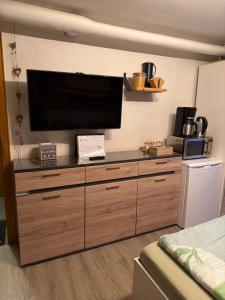 a large entertainment center with a large flat screen tv at Gästehaus Götz in Reinhardshagen