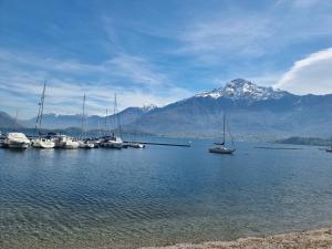a group of boats in the water with a mountain at sunflower apartment in Domaso