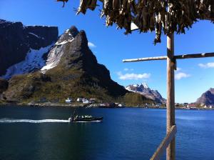 a group of people in a boat on a lake with a mountain at Lofoten Bed & Breakfast Reine - Rooms & Apartments in Reine