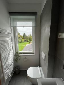 a bathroom with a white toilet and a window at Work & Stay - Monteurzimmer - FeWo am NOK in Rendsburg