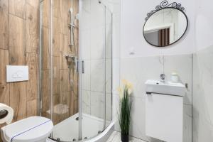 a bathroom with a shower and a toilet and a sink at Mini Apartamenty Poznań in Poznań +73 photos