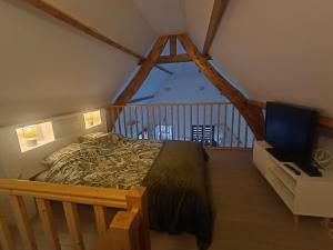 a bedroom with a bed and a flat screen tv at Gîte du Trempal in Audruicq