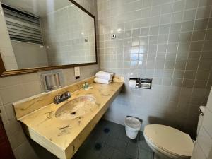 a bathroom with a sink and a toilet and a mirror at Hotel De Cima Beach Club in Mazatlán +18 photos