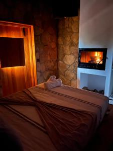 a bedroom with a bed with a fireplace in a room at La Posada de Botavara in Mijares +13 photos