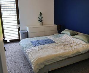 a bedroom with a large bed with a blue wall at Dom Mazury in Langendorf