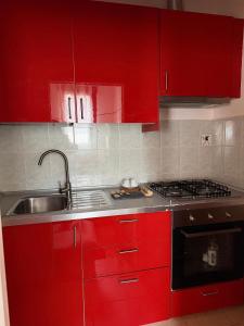 a red kitchen with a sink and red cabinets at Grazia's Heaven in Trezzo sullʼAdda