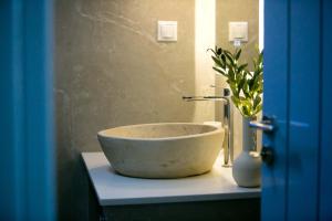 a bathroom with a bowl sink and a plant on a counter at Villa Yvon Telendos - Villa # 1 in Telendos