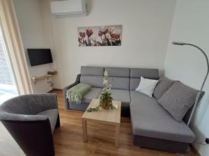 a living room with a couch and a table at Apartmany Rubin Nesvady in Nesvady