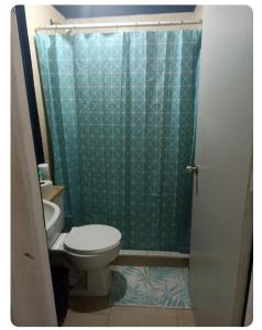 a bathroom with a toilet and a green shower curtain at Casa completa equipada para cualquier ocasión in Tezoyuca +7 photos