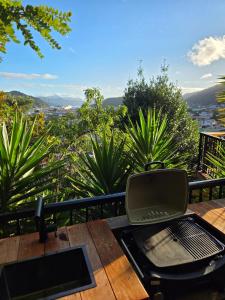 a grill on a table on a balcony with plants at The Landing - Picton in Picton