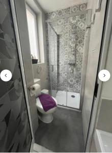 a bathroom with a shower and a toilet with a purple towel at Dghajsa GUEST HOUSE in Senglea +57 photos