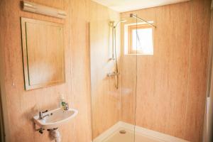 a bathroom with a sink and a glass shower at Maple Lodge in Knighton +19 photos