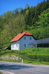 a house with an orange roof on the side of a road at Gemütliches Haus für Familien bis zu 7 Personen mit Parkplatz und ruhiger Lage in Selzthal