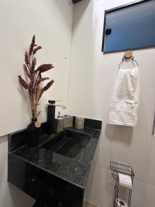 a bathroom with a black counter with a plant on the wall at Flat jk 03 térreo in Juazeiro do Norte +22 photos