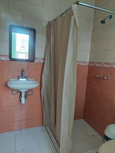 a bathroom with a sink and a shower at Casa Verano in Guanajuato