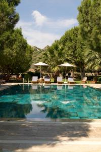 a swimming pool with chairs and umbrellas at Casa Elia Datça in Emecik
