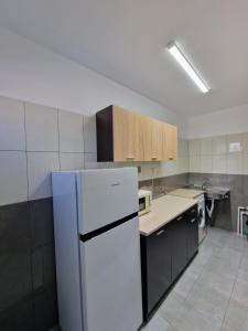 a kitchen with a white refrigerator and wooden cabinets at Casa DARYA-24h Check-in in Bucharest