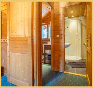 a small bathroom with a shower and a sink at Olaf Chalet IT5 I Les Gets in Les Gets +24 photos