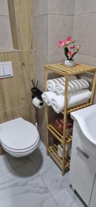 a bathroom with a toilet and a pile of towels at Apartman Bety in Brčko