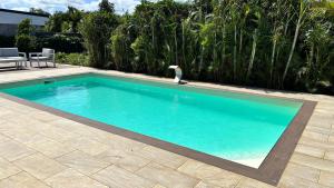 a swimming pool in a yard with aitating at Tropical Suite Direct Pool Access & Garden View in Baie-Mahault +1 photo