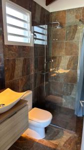 a bathroom with a toilet and a glass shower at Tropical Suite Direct Pool Access & Garden View in Baie-Mahault