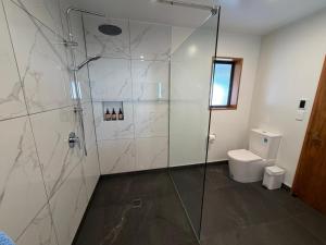 a bathroom with a shower and a toilet at Mt Cook View Motel - Fox Glacier in Fox Glacier +39 photos