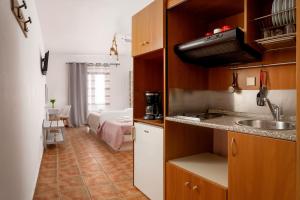 a kitchen with a sink and a room with a bed at Anemos Sea View in Batsi