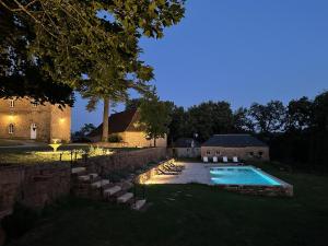a backyard with a swimming pool at night at Château Blanat in Saint-Michel-de-Bannières