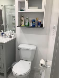 a bathroom with a white toilet and a sink at Hammond bay planta house in Nanaimo