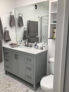 a bathroom with a sink and a toilet and a mirror at Hammond bay planta house in Nanaimo