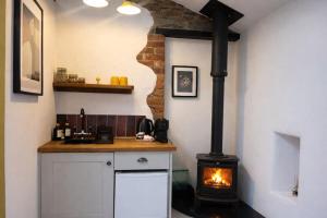a kitchen with a wood stove in a room at Little Gem at Lough Sillan House - Adults only in Shercock