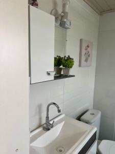 a bathroom with a sink and a mirror and a toilet at Condomínio Central Sobradinho in Uruguaiana