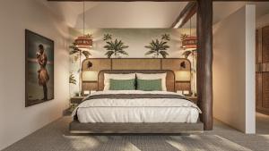 a bedroom with a large wooden bed with green pillows at Tropica Island Resort-Adults Only in Malolo +98 photos