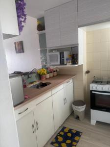 a small kitchen with a sink and a microwave at Flat com Vista Teatro Amazonas in Manaus +5 photos