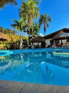 a swimming pool at a resort with palm trees at Pousada Pé da Serra in Lindóia
