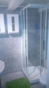een badkamer met een douche, een wastafel en een toilet bij Hefenscherbauer in Annaberg im Lammertal
