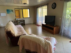 ein Wohnzimmer mit Sofa und Fernseher in der Unterkunft Rainforest Valley in Mataiea