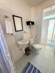 a bathroom with a toilet and a sink at Private Loft Free Parking Pet friendly in Chapulco +26 photos