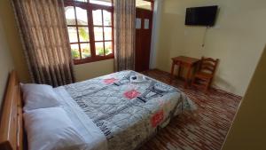 a bedroom with a bed and a tv and a window at Hospedaje El Manantial in Chontabamba