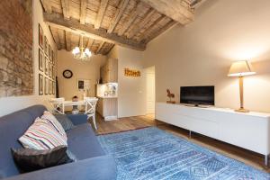a living room with a blue couch and a tv at Mamo Florence - Boheme Apartment in Florence