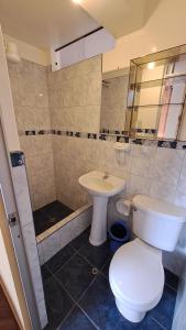 a bathroom with a toilet and a sink and a shower at Hospedaje El Manantial in Chontabamba